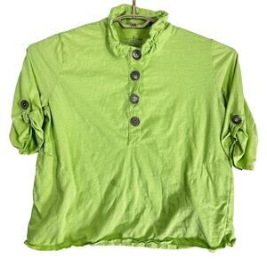Neon Buddha Top Size L Green Button Up 3/4 Sleeves 100% Cotton Lagenlook STAIN